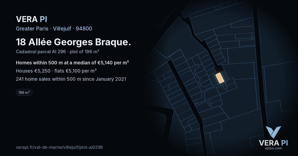 18 Allée Georges Braque, Villejuif at night – the plot lit, the parcels around coloured by the prices near them