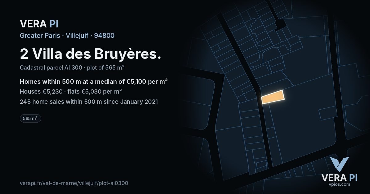 2 Villa des Bruyères, Villejuif at night – the plot lit, the parcels around coloured by the prices near them