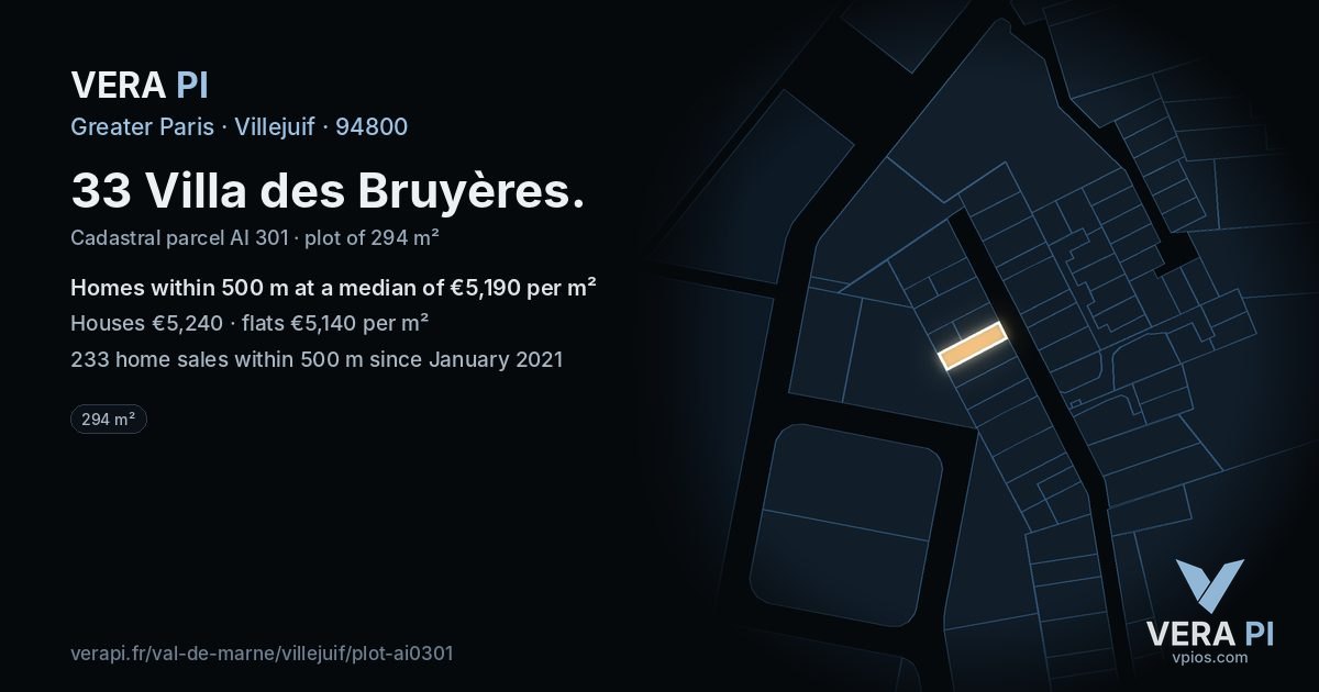 33 Villa des Bruyères, Villejuif at night – the plot lit, the parcels around coloured by the prices near them