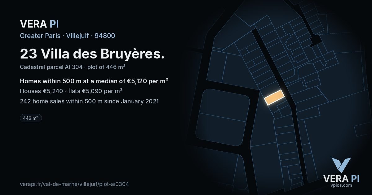 23 Villa des Bruyères, Villejuif at night – the plot lit, the parcels around coloured by the prices near them