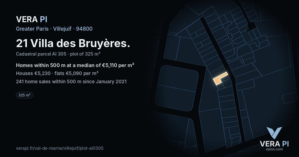 21 Villa des Bruyères, Villejuif at night – the plot lit, the parcels around coloured by the prices near them