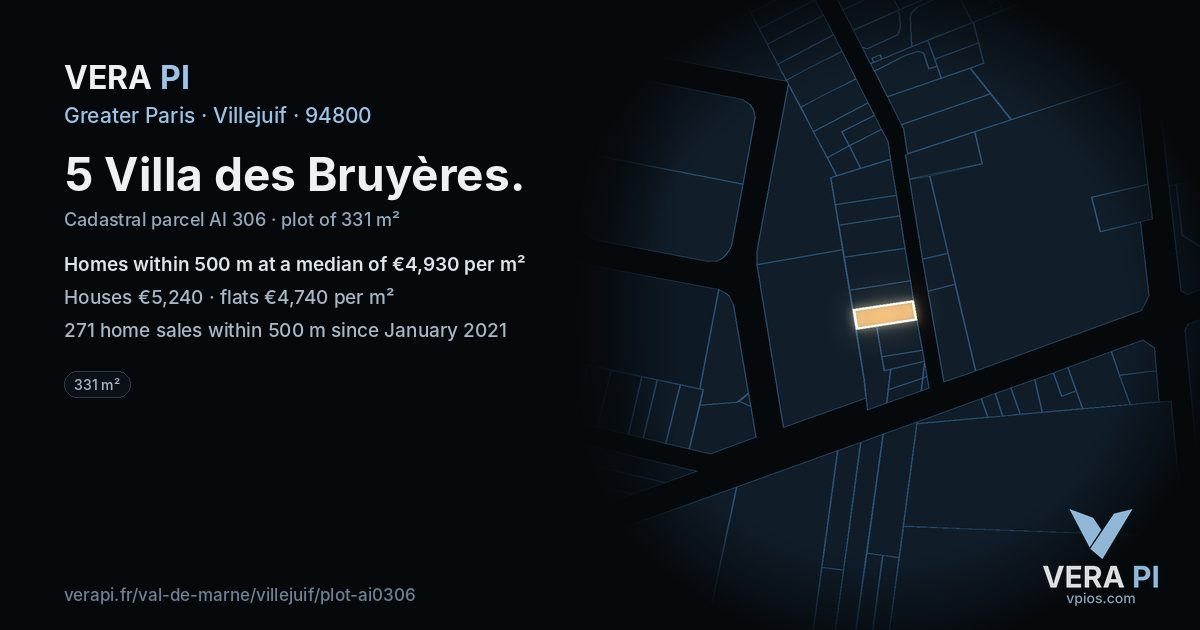 5 Villa des Bruyères, Villejuif at night – the plot lit, the parcels around coloured by the prices near them