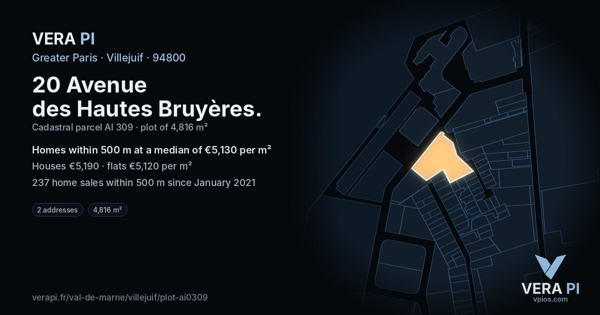 20 Avenue des Hautes Bruyères, Villejuif at night – the plot lit, the parcels around coloured by the prices near them