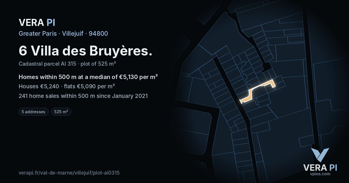 6 Villa des Bruyères, Villejuif at night – the plot lit, the parcels around coloured by the prices near them