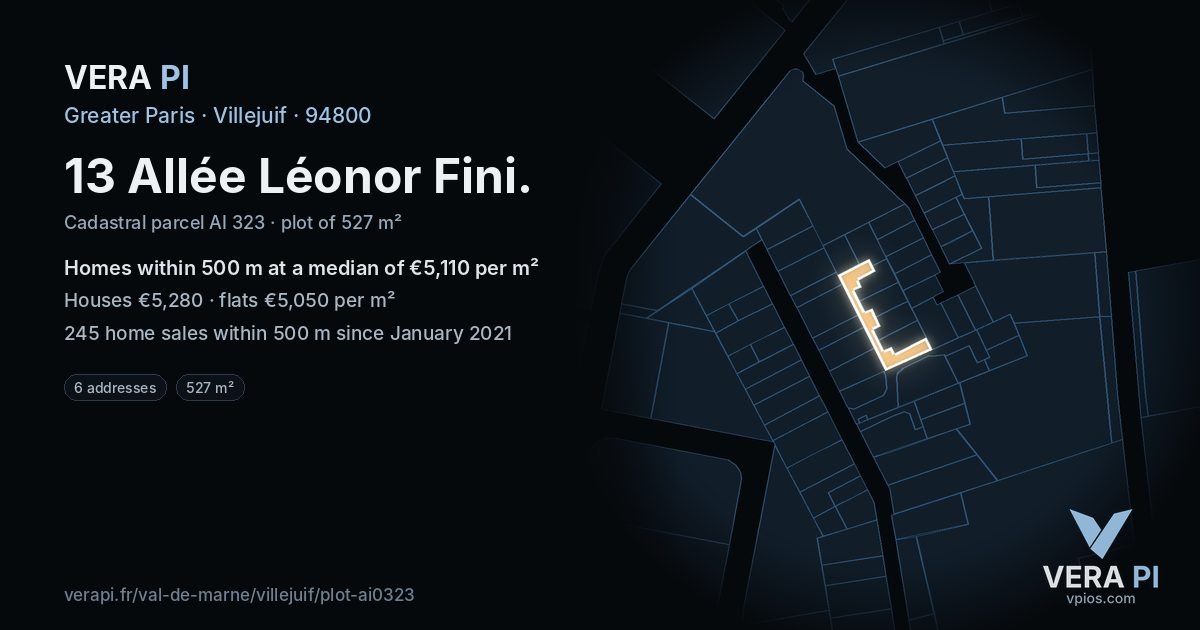 13 Allée Léonor Fini, Villejuif at night – the plot lit, the parcels around coloured by the prices near them