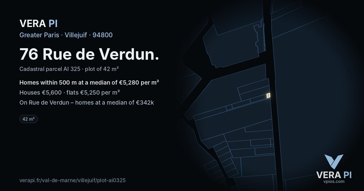 76 Rue de Verdun, Villejuif at night – the plot lit, the parcels around coloured by the prices near them