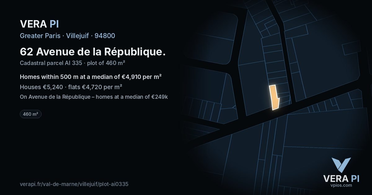 62 Avenue de la République, Villejuif at night – the plot lit, the parcels around coloured by the prices near them