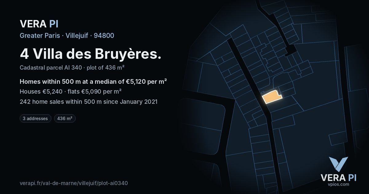 4 Villa des Bruyères, Villejuif at night – the plot lit, the parcels around coloured by the prices near them