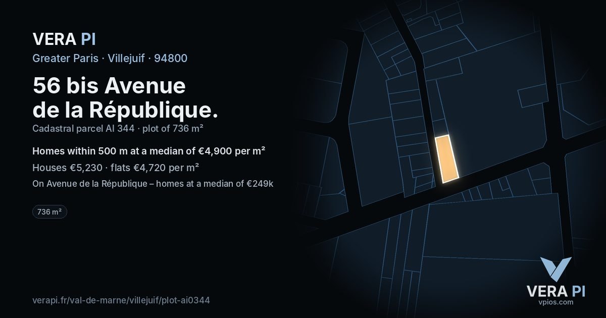 56 bis Avenue de la République, Villejuif at night – the plot lit, the parcels around coloured by the prices near them