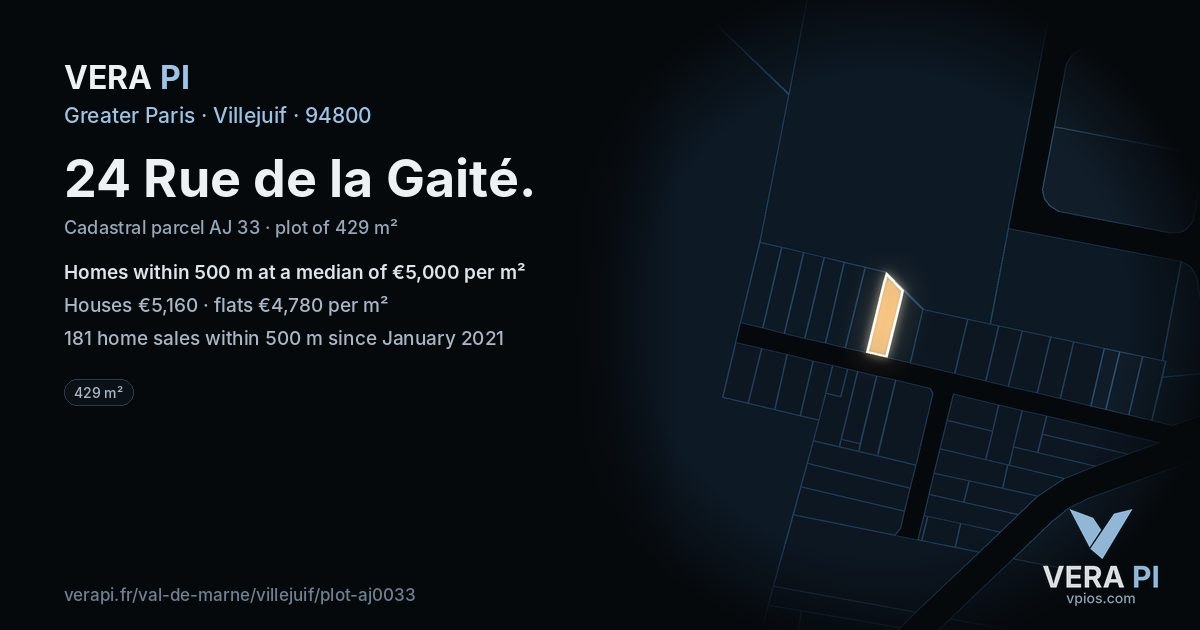 24 Rue de la Gaité, Villejuif at night – the plot lit, the parcels around coloured by the prices near them
