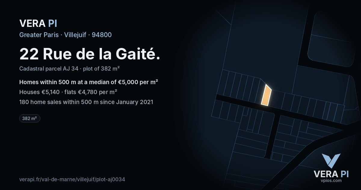 22 Rue de la Gaité, Villejuif at night – the plot lit, the parcels around coloured by the prices near them