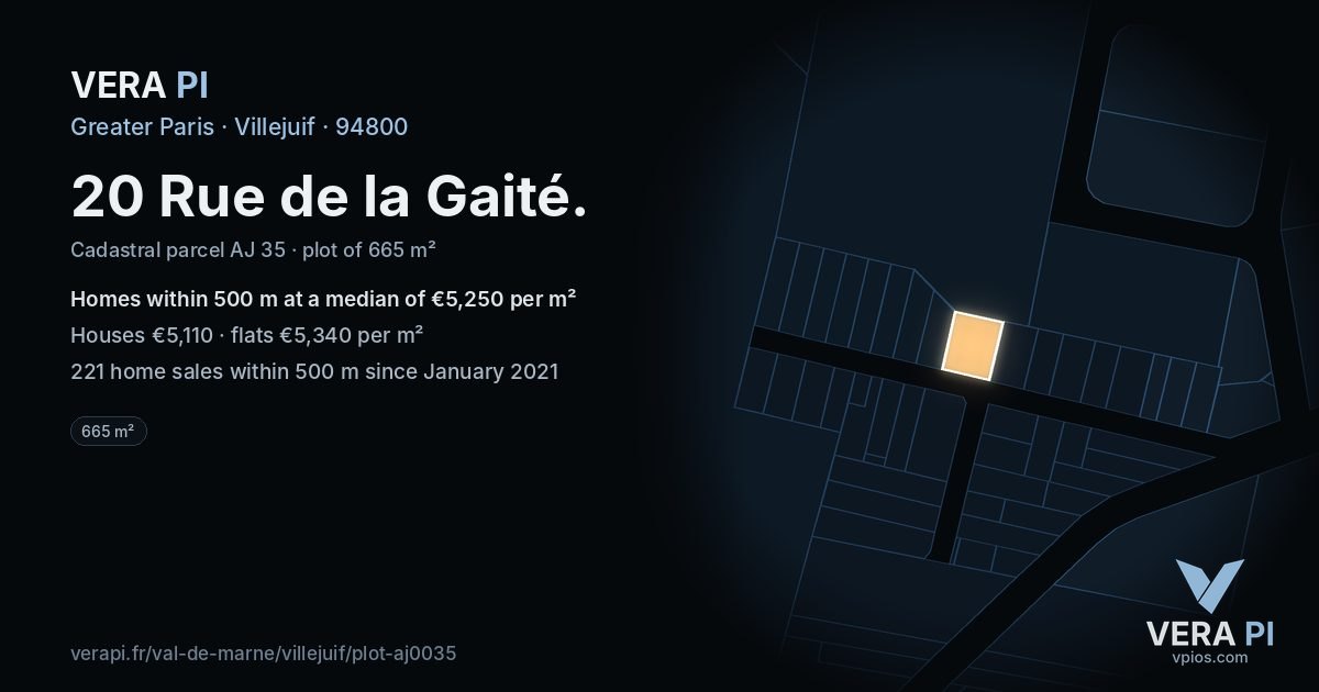 20 Rue de la Gaité, Villejuif at night – the plot lit, the parcels around coloured by the prices near them
