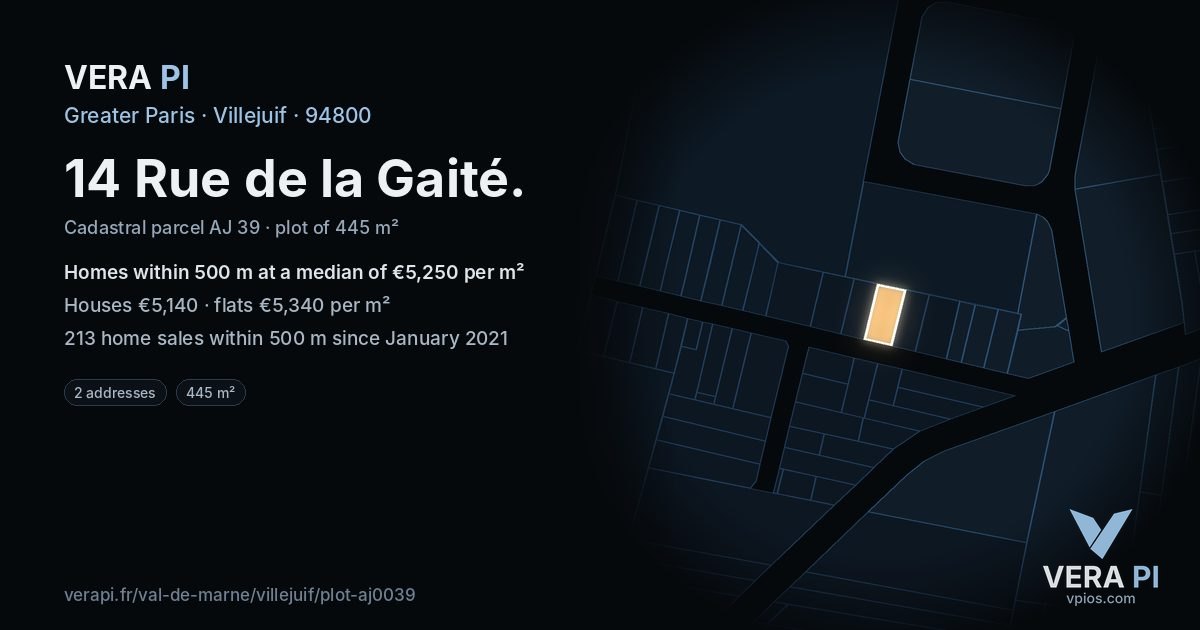 14 Rue de la Gaité, Villejuif at night – the plot lit, the parcels around coloured by the prices near them