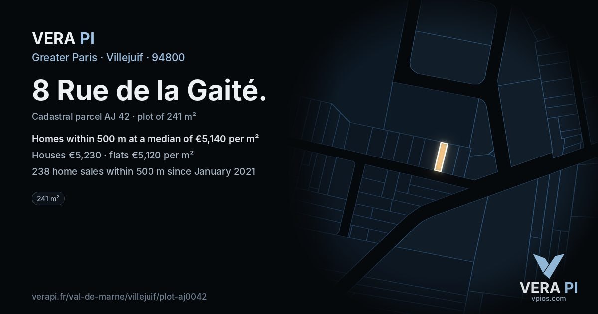 8 Rue de la Gaité, Villejuif at night – the plot lit, the parcels around coloured by the prices near them