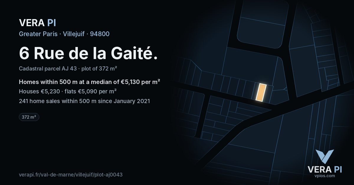 6 Rue de la Gaité, Villejuif at night – the plot lit, the parcels around coloured by the prices near them