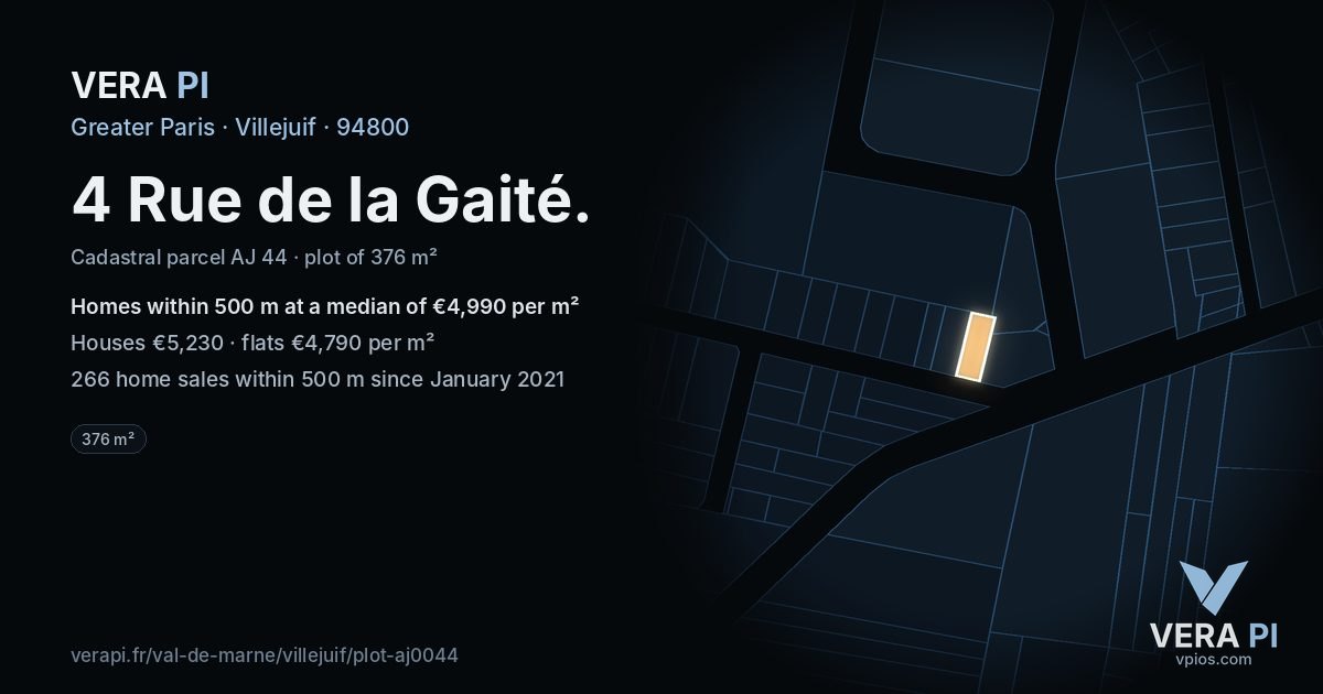 4 Rue de la Gaité, Villejuif at night – the plot lit, the parcels around coloured by the prices near them