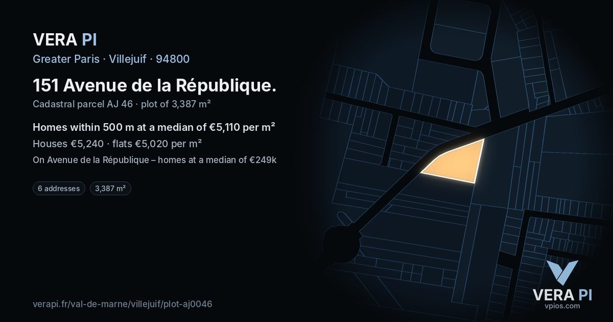 151 Avenue de la République, Villejuif at night – the plot lit, the parcels around coloured by the prices near them