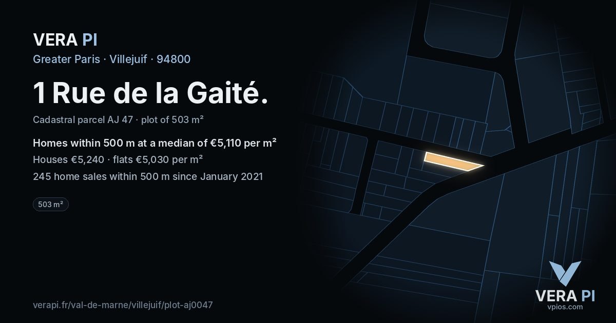 1 Rue de la Gaité, Villejuif at night – the plot lit, the parcels around coloured by the prices near them