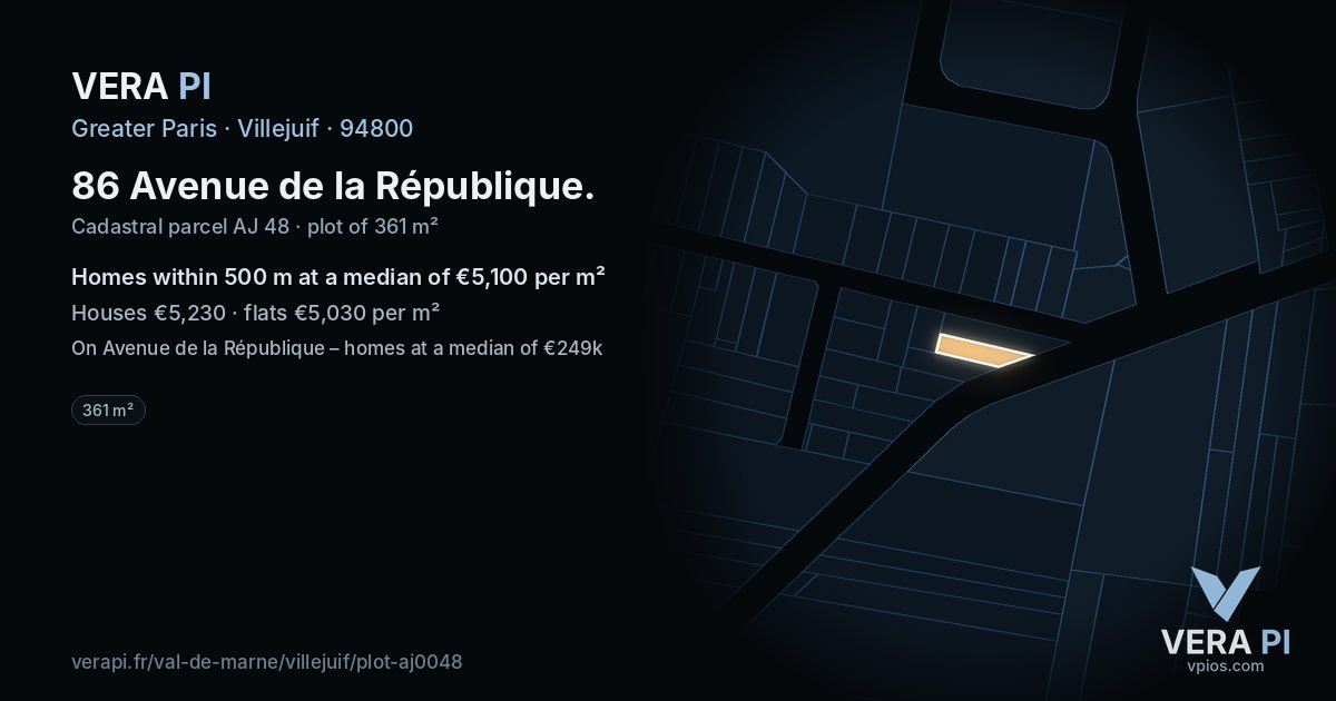 86 Avenue de la République, Villejuif at night – the plot lit, the parcels around coloured by the prices near them