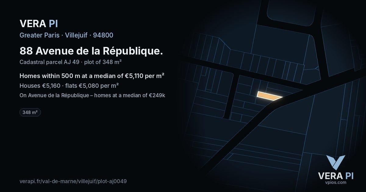 88 Avenue de la République, Villejuif at night – the plot lit, the parcels around coloured by the prices near them