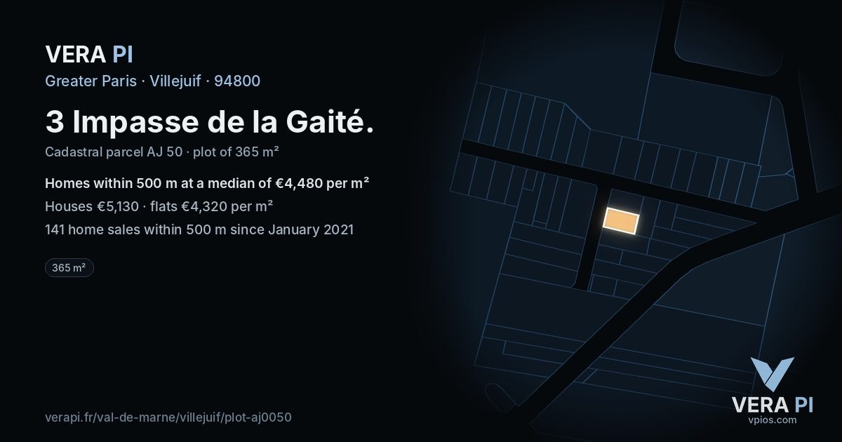 3 Impasse de la Gaité, Villejuif at night – the plot lit, the parcels around coloured by the prices near them