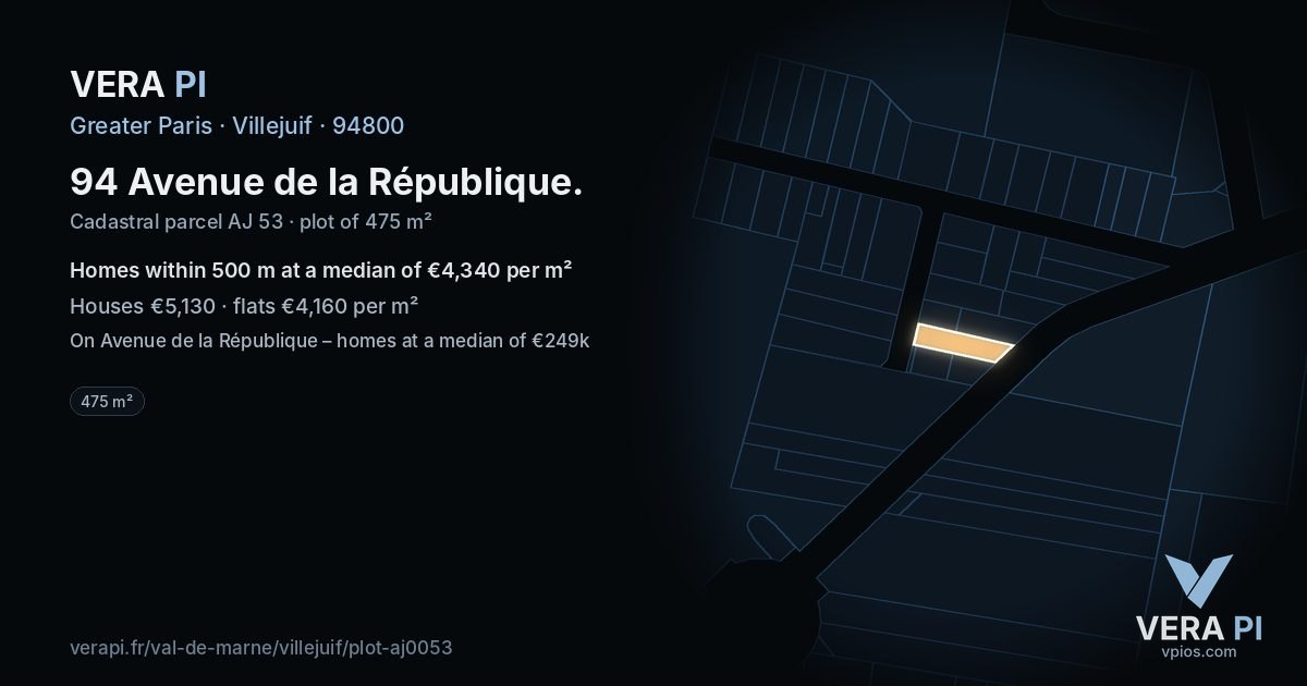 94 Avenue de la République, Villejuif at night – the plot lit, the parcels around coloured by the prices near them