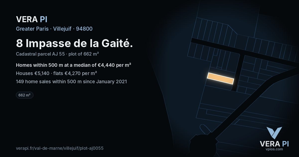 8 Impasse de la Gaité, Villejuif at night – the plot lit, the parcels around coloured by the prices near them