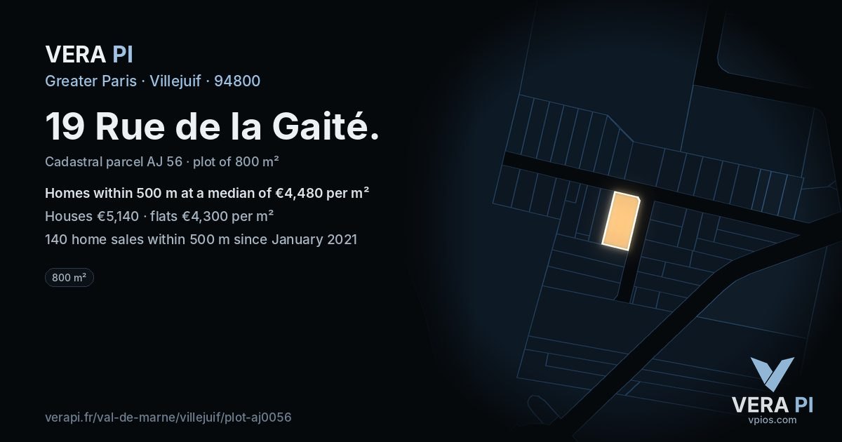 19 Rue de la Gaité, Villejuif at night – the plot lit, the parcels around coloured by the prices near them