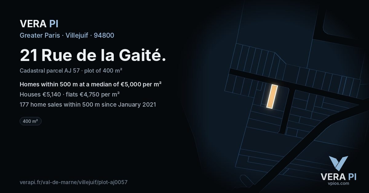 21 Rue de la Gaité, Villejuif at night – the plot lit, the parcels around coloured by the prices near them
