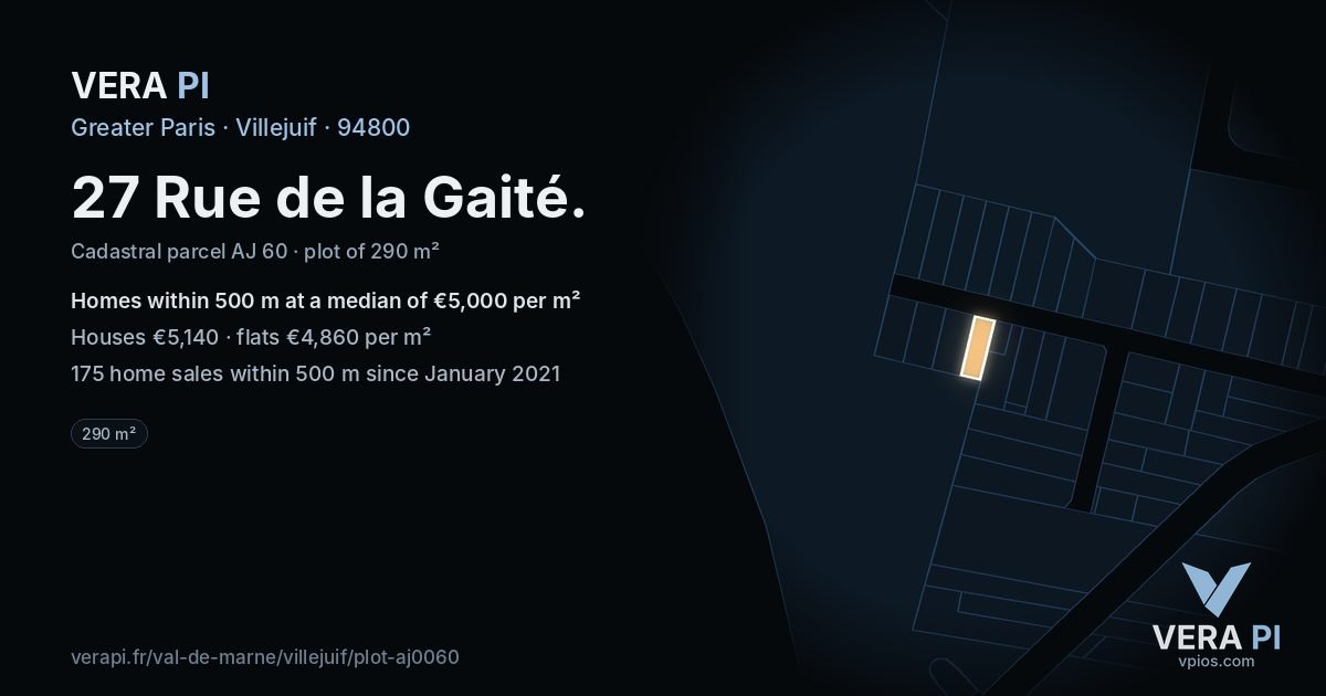 27 Rue de la Gaité, Villejuif at night – the plot lit, the parcels around coloured by the prices near them