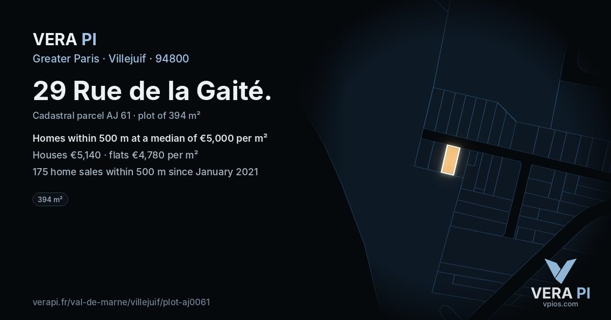 29 Rue de la Gaité, Villejuif at night – the plot lit, the parcels around coloured by the prices near them