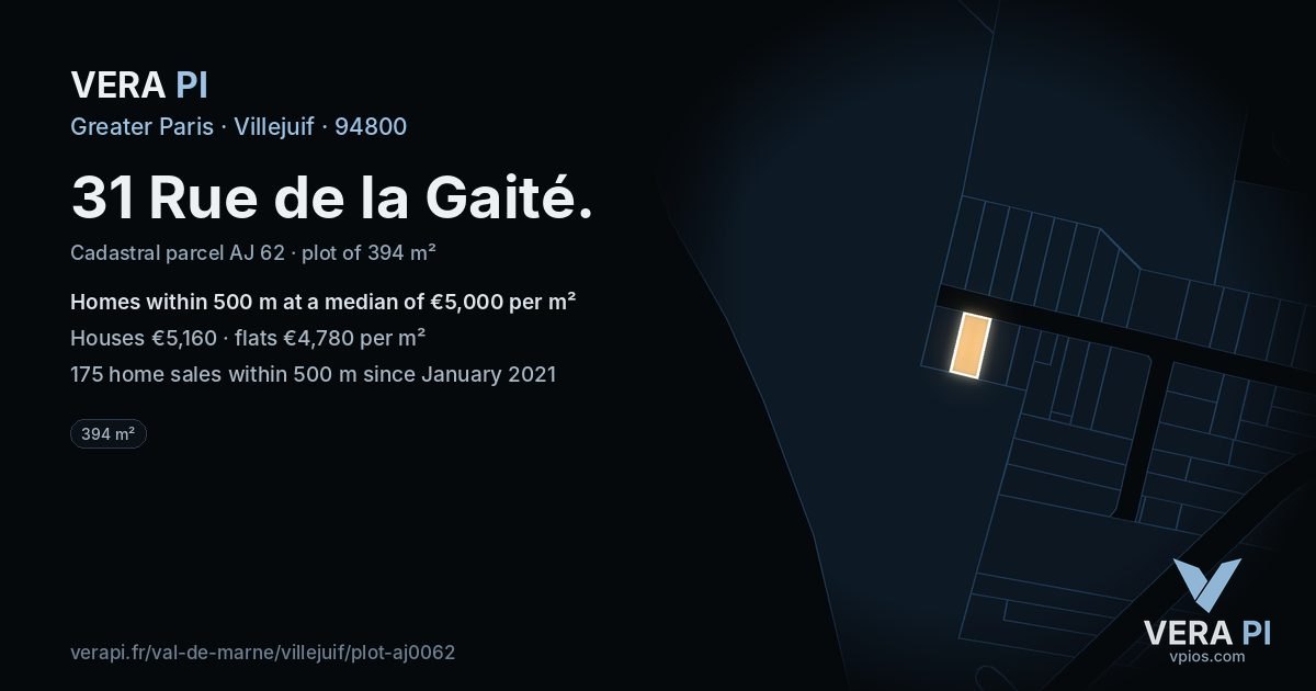 31 Rue de la Gaité, Villejuif at night – the plot lit, the parcels around coloured by the prices near them