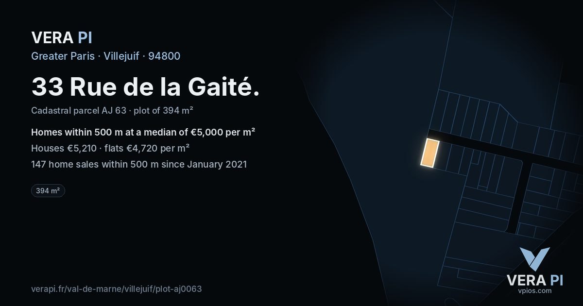 33 Rue de la Gaité, Villejuif at night – the plot lit, the parcels around coloured by the prices near them