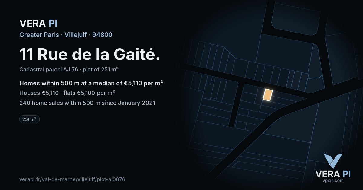 11 Rue de la Gaité, Villejuif at night – the plot lit, the parcels around coloured by the prices near them