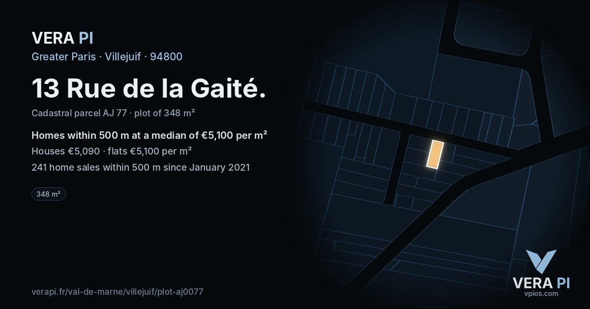 13 Rue de la Gaité, Villejuif at night – the plot lit, the parcels around coloured by the prices near them