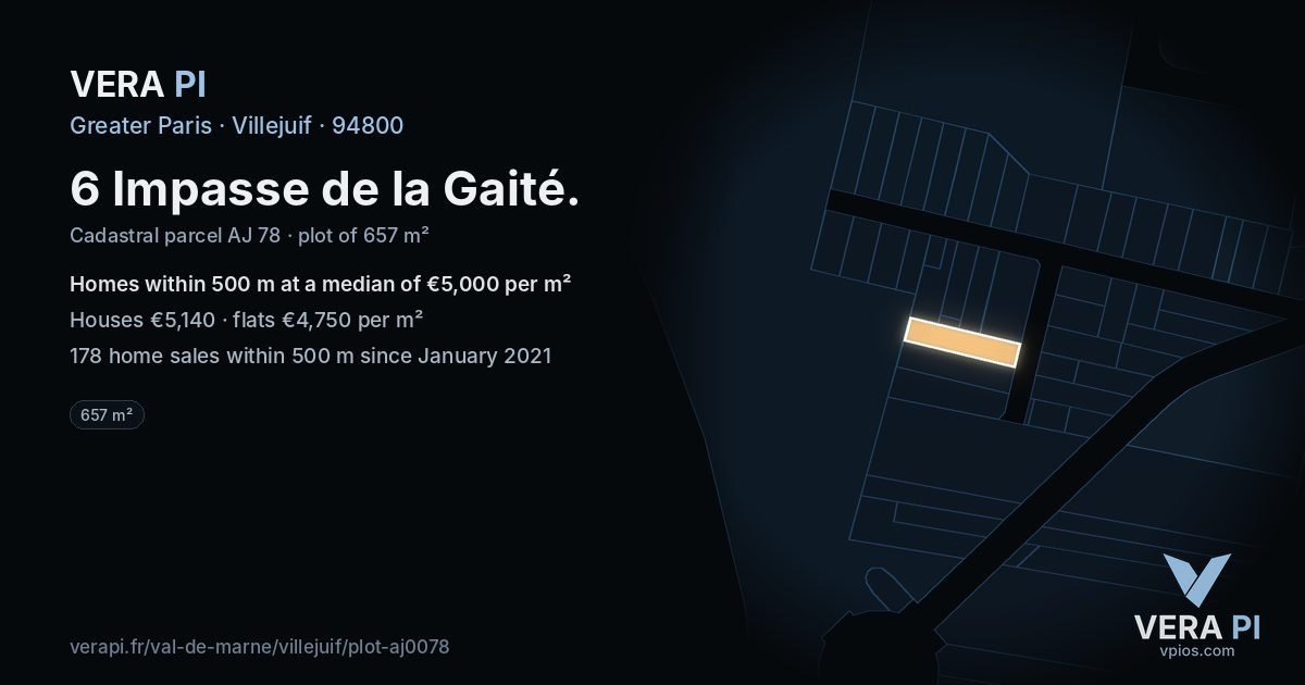 6 Impasse de la Gaité, Villejuif at night – the plot lit, the parcels around coloured by the prices near them