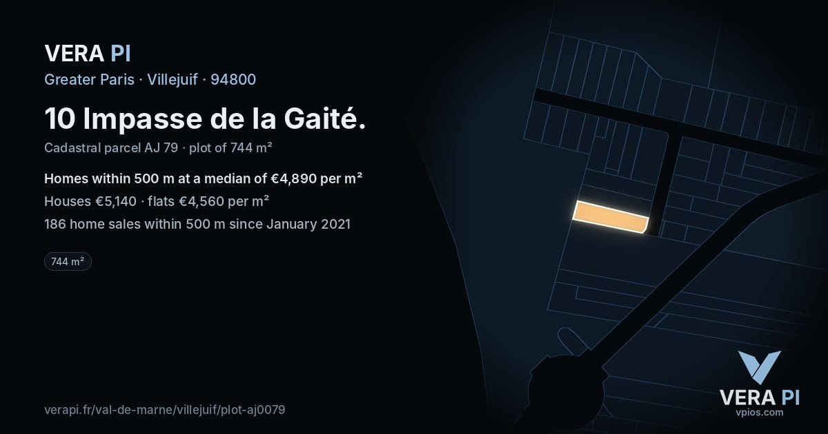 10 Impasse de la Gaité, Villejuif at night – the plot lit, the parcels around coloured by the prices near them