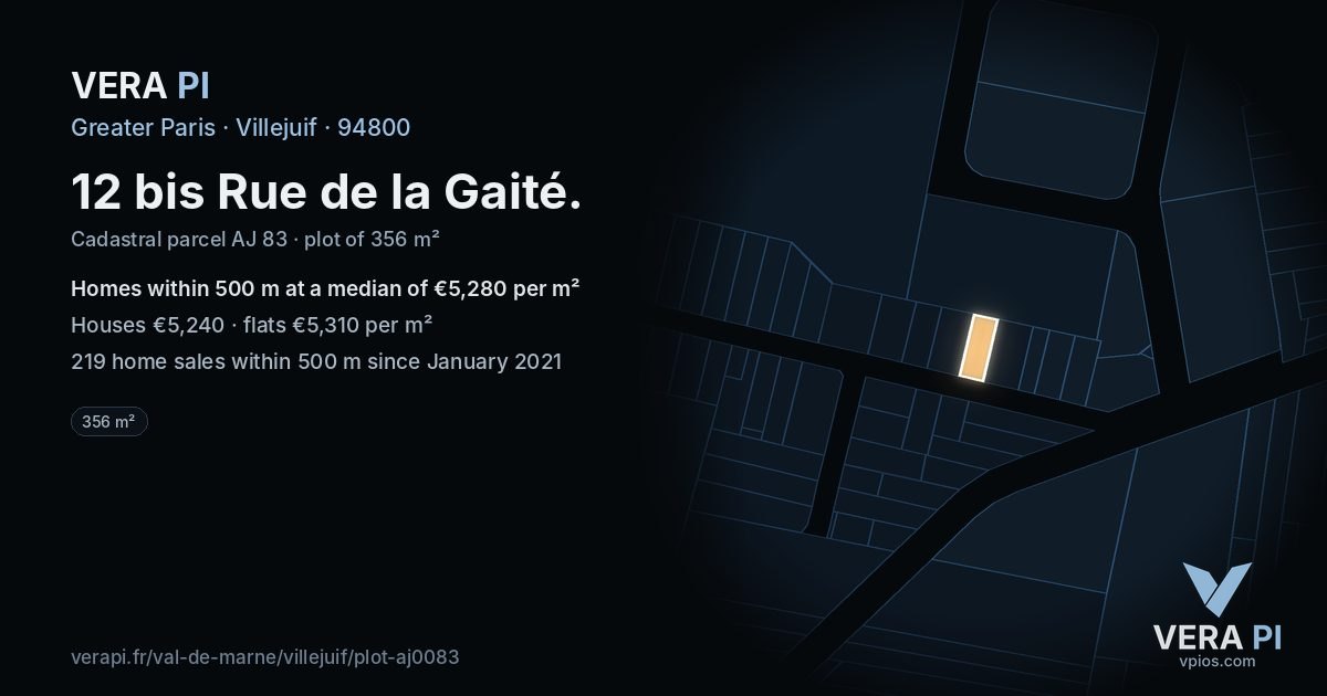 12 bis Rue de la Gaité, Villejuif at night – the plot lit, the parcels around coloured by the prices near them