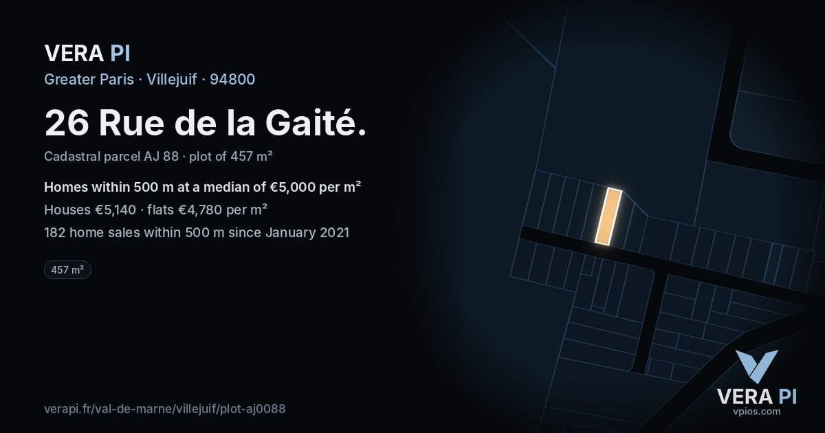 26 Rue de la Gaité, Villejuif at night – the plot lit, the parcels around coloured by the prices near them