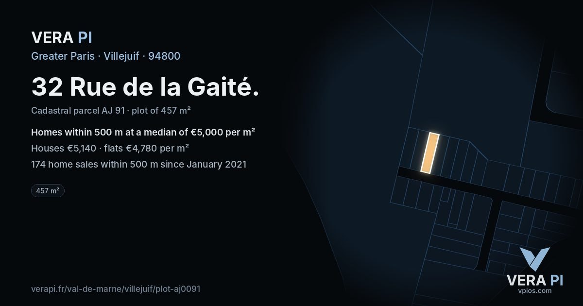 32 Rue de la Gaité, Villejuif at night – the plot lit, the parcels around coloured by the prices near them