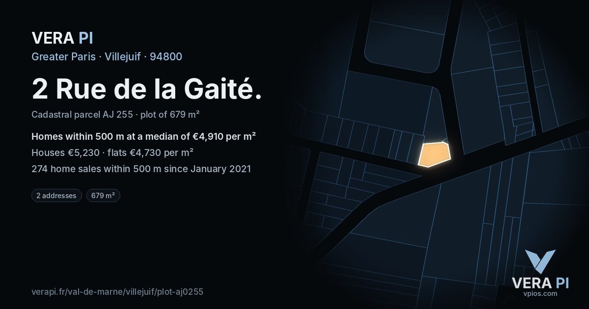 2 Rue de la Gaité, Villejuif at night – the plot lit, the parcels around coloured by the prices near them