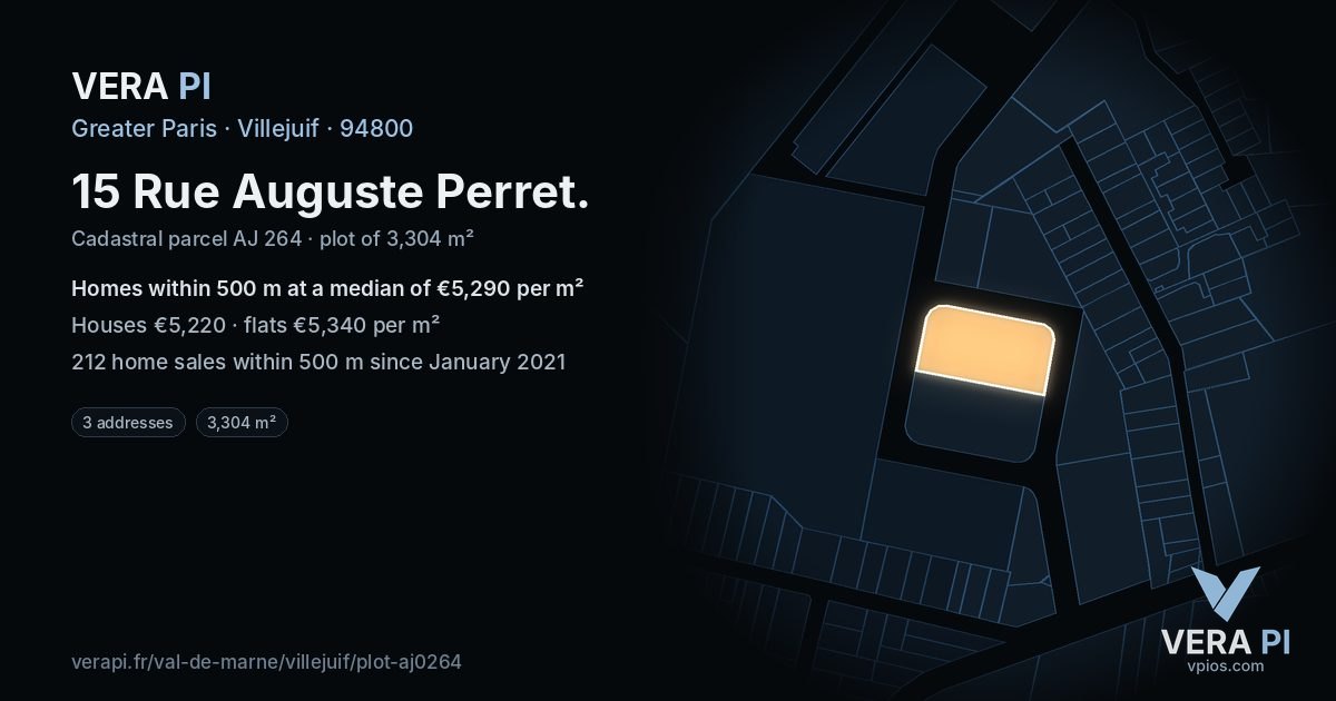 15 Rue Auguste Perret, Villejuif at night – the plot lit, the parcels around coloured by the prices near them