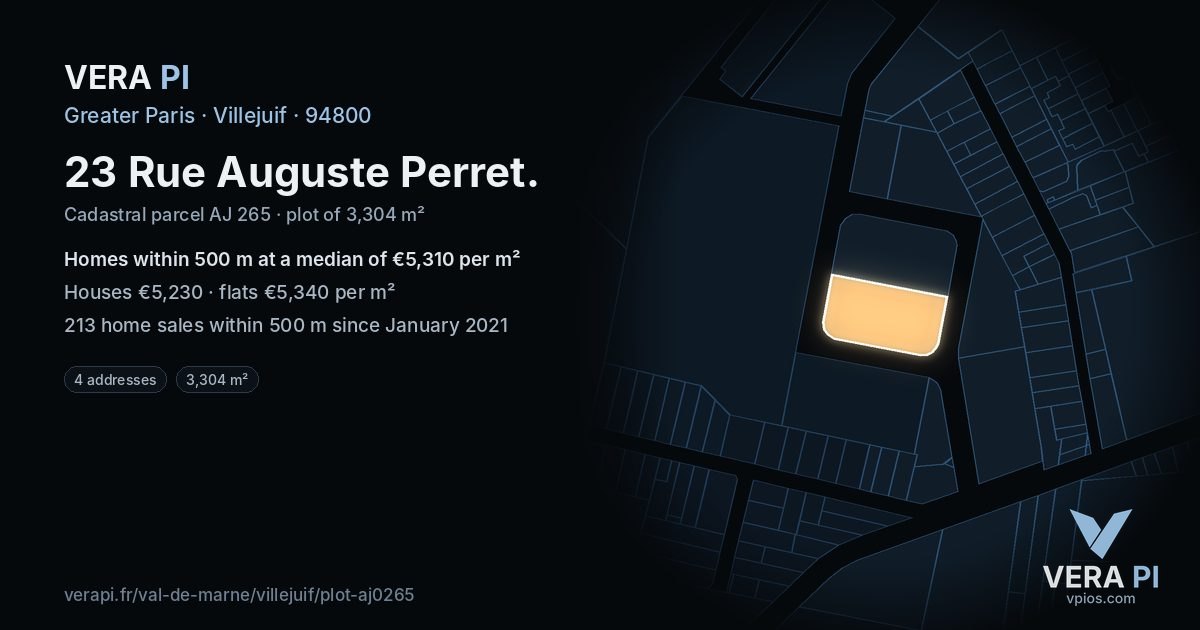 23 Rue Auguste Perret, Villejuif at night – the plot lit, the parcels around coloured by the prices near them