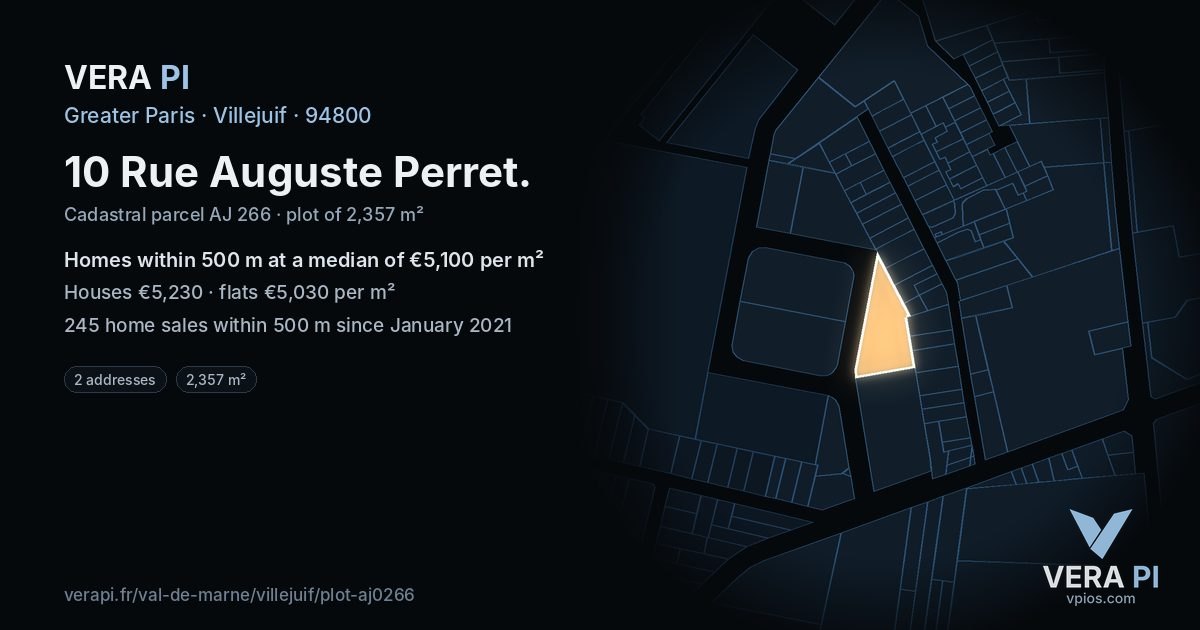 10 Rue Auguste Perret, Villejuif at night – the plot lit, the parcels around coloured by the prices near them