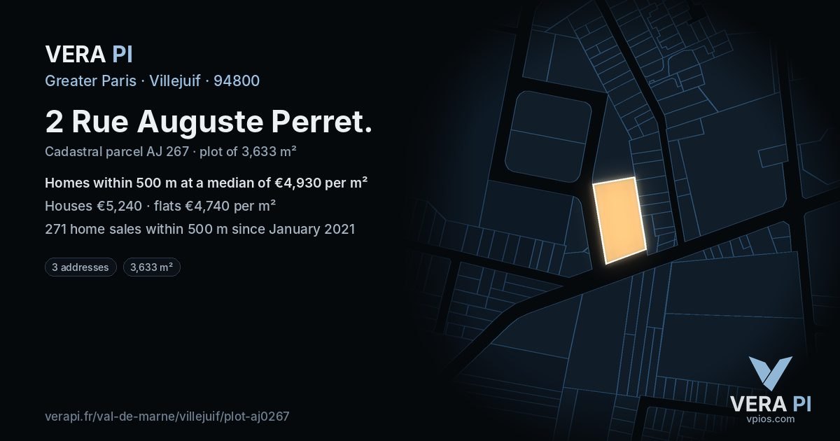 2 Rue Auguste Perret, Villejuif at night – the plot lit, the parcels around coloured by the prices near them