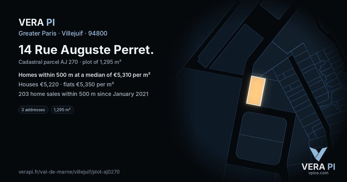 14 Rue Auguste Perret, Villejuif at night – the plot lit, the parcels around coloured by the prices near them