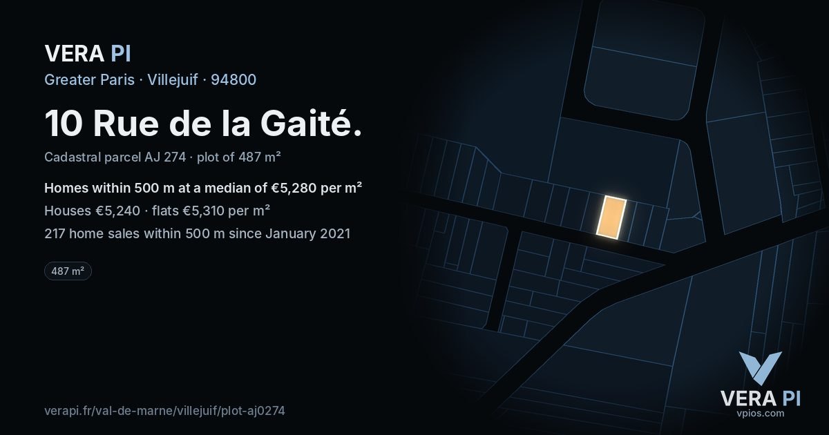 10 Rue de la Gaité, Villejuif at night – the plot lit, the parcels around coloured by the prices near them