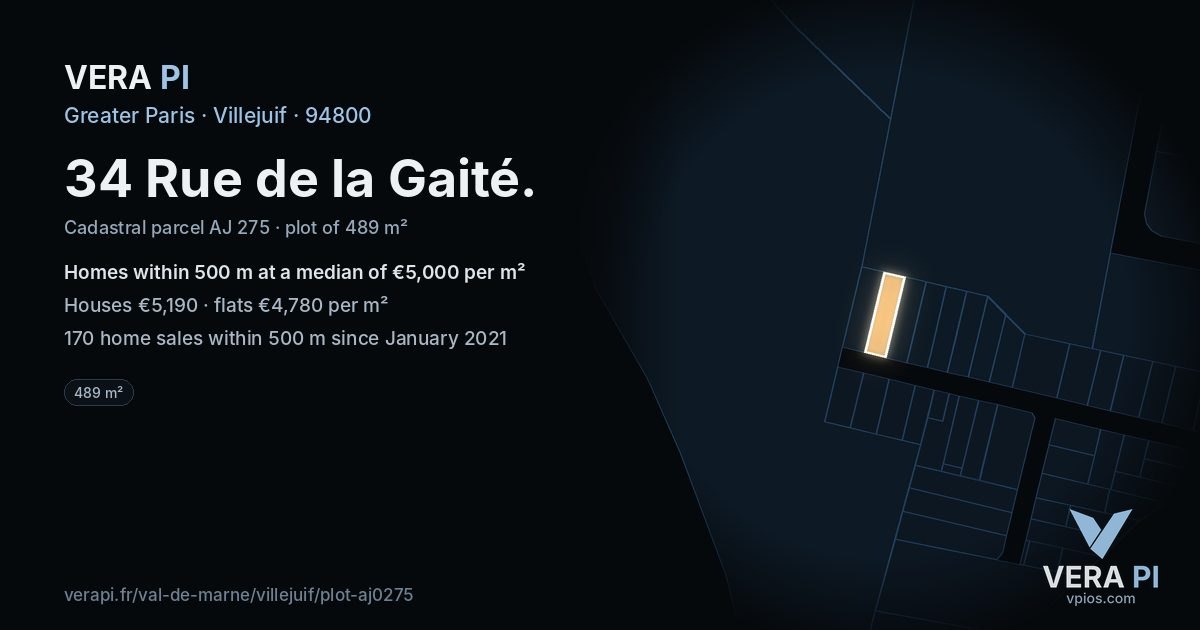 34 Rue de la Gaité, Villejuif at night – the plot lit, the parcels around coloured by the prices near them