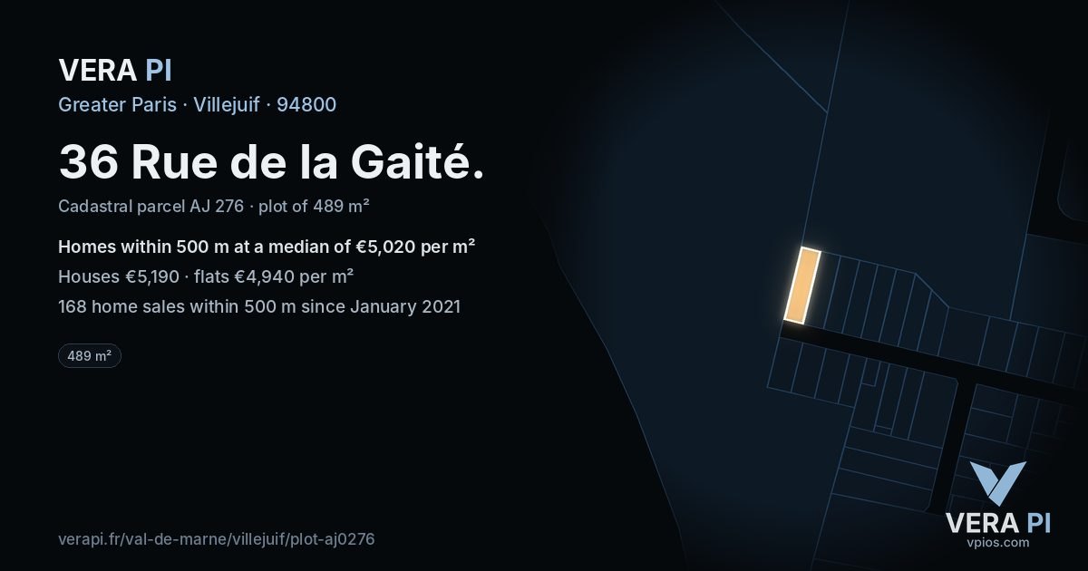 36 Rue de la Gaité, Villejuif at night – the plot lit, the parcels around coloured by the prices near them