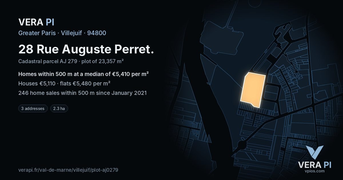 28 Rue Auguste Perret, Villejuif at night – the plot lit, the parcels around coloured by the prices near them